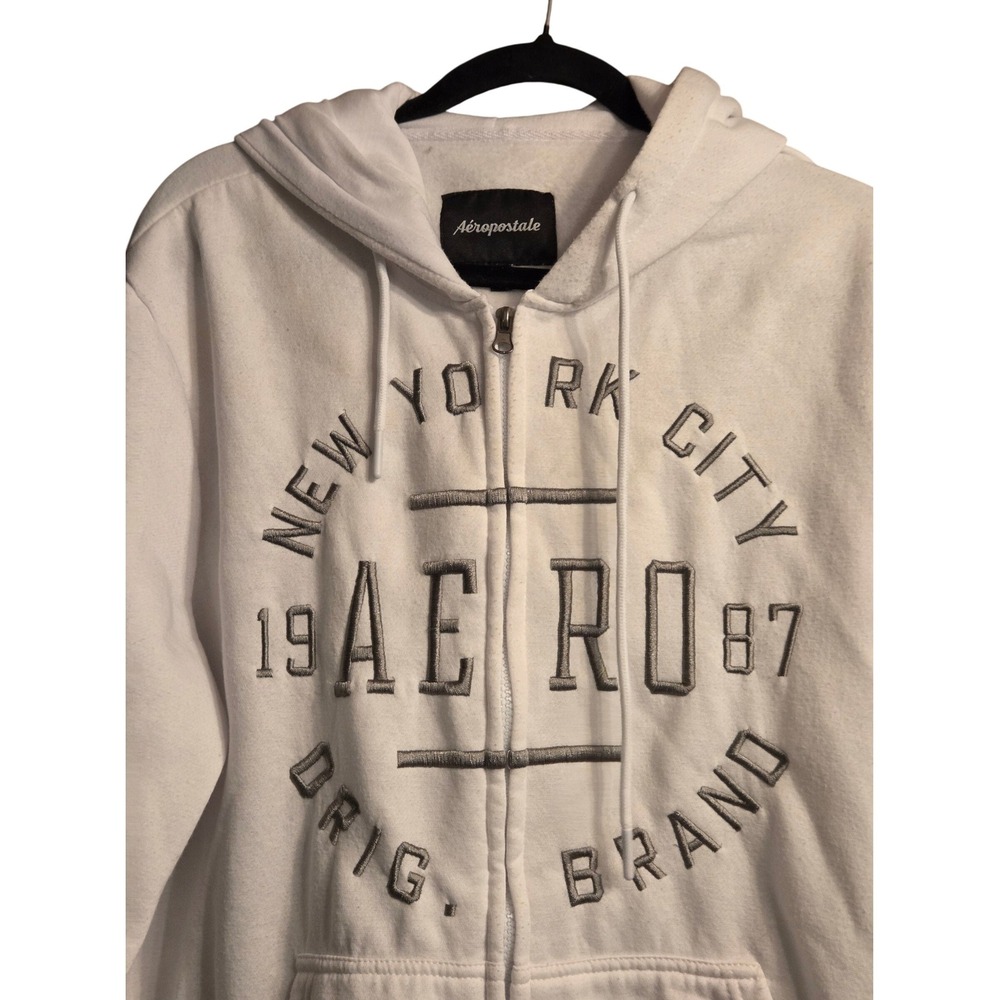 Aeropostale Full Zip Hoodie Mens 2XL White NYC Embroidered Graphic Sweatshirt